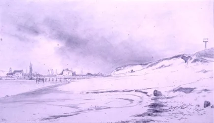 Flussufer mit Steg und Gebäuden